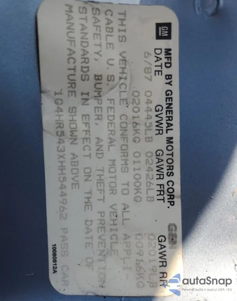 1987 Buick Lesabre Limited z USA, uszkodzony, nr VIN 1G4HR543XHH544962